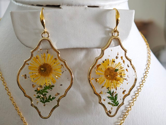 Yellow and Green Gold Plated Resin Earrings with real flowers preserved