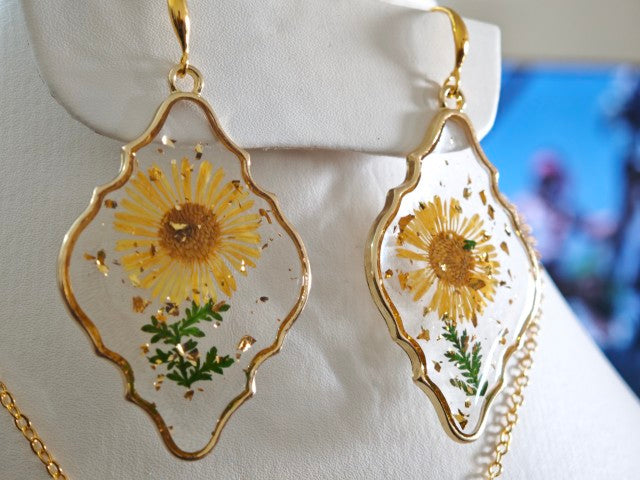 Yellow and Green Gold Plated Resin Earrings with real flowers preserved