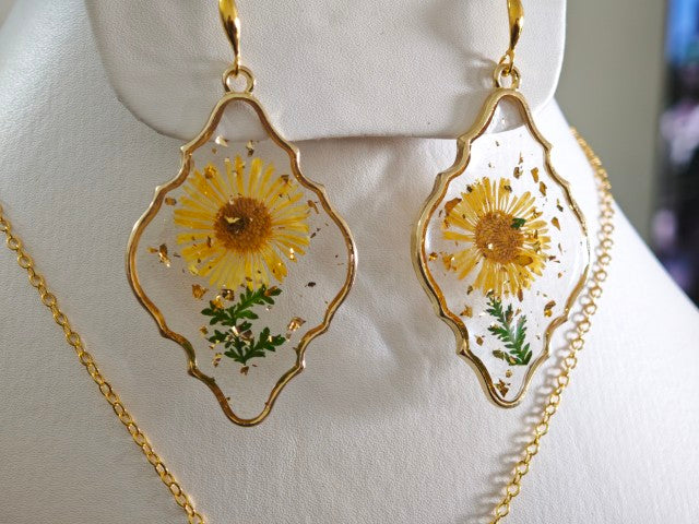 Yellow and Green Gold Plated Resin Earrings with real flowers preserved