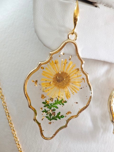 Yellow and Green Gold Plated Resin Earrings with real flowers preserved
