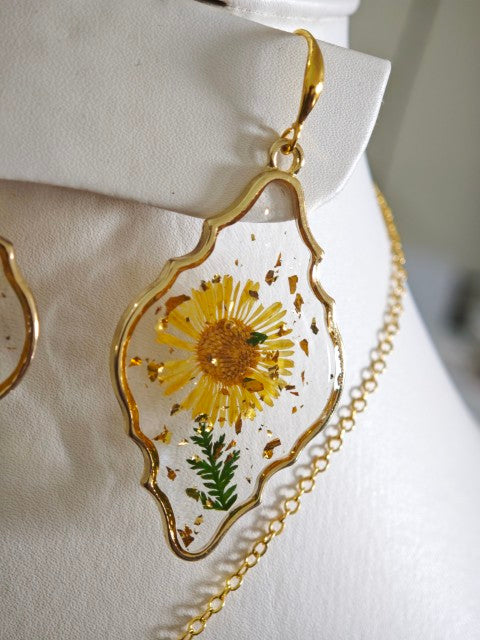 Yellow and Green Gold Plated Resin Earrings with real flowers preserved
